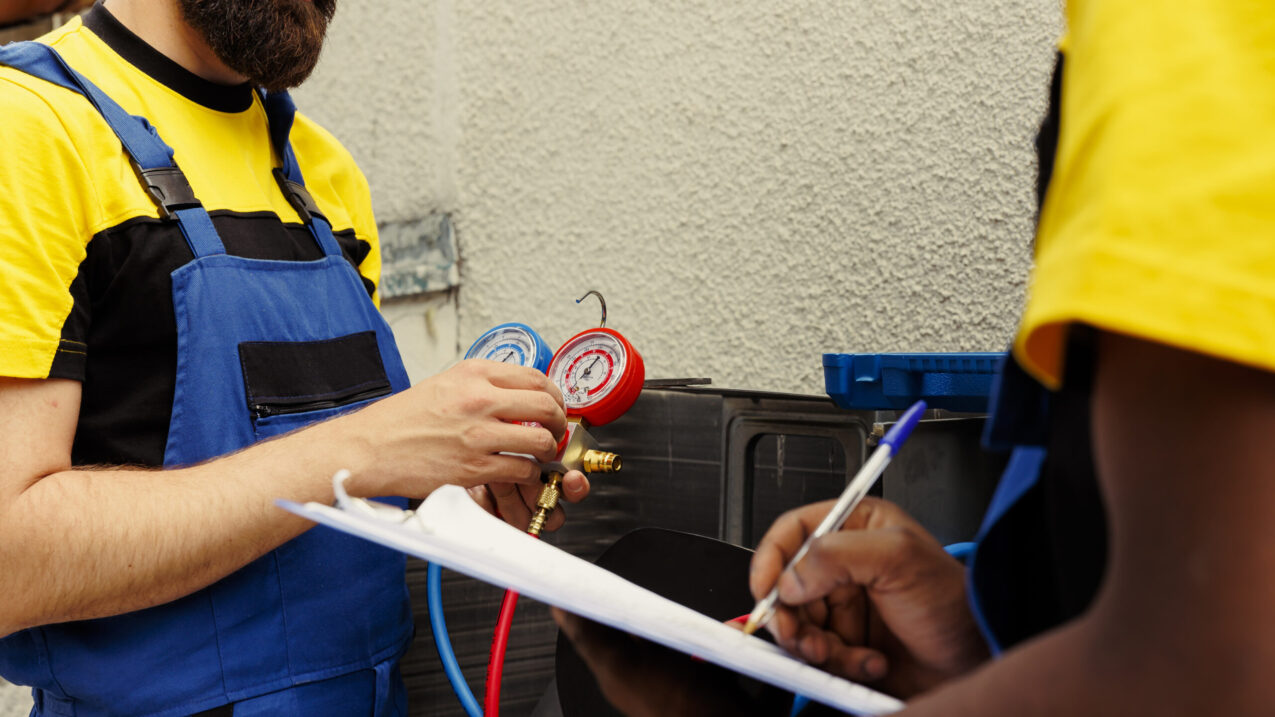 Proficient experts coworkers commissioned to do air conditioner check, refilling freon. Licensed servicemen using barometer set to meticulously measure the pressure in condenser
