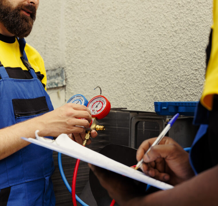 Proficient experts coworkers commissioned to do air conditioner check, refilling freon. Licensed servicemen using barometer set to meticulously measure the pressure in condenser